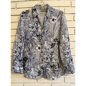Chicos 2 Shirt Hummingbird Floral Striped Sz Large Black /White Roll Tab‎ Sleeve